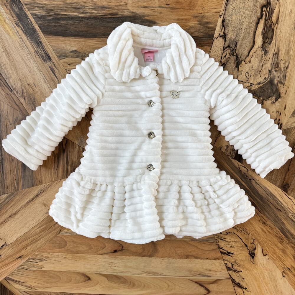 Juicy Couture Girls White Faux Fur Coat Peplum Plush Cloud Winter Jacket - 4T